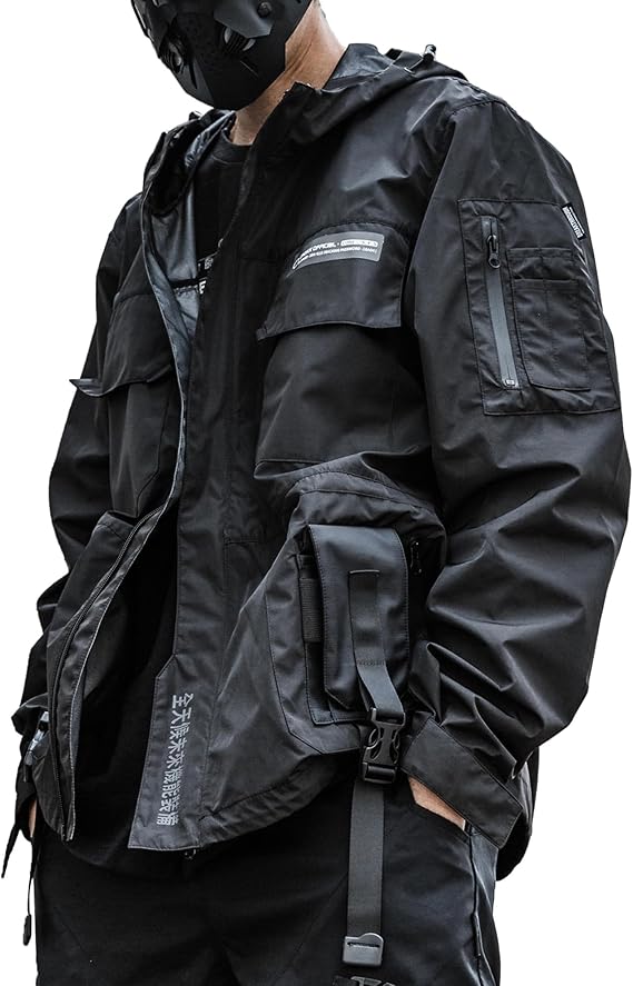 XYXIONGMAO Streetwear Hooded Black Jacket Techwear Windbreaker Cyberpunk Tactical Cargo Streetwear Jacket Bomber Jacket Men