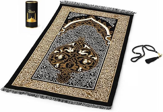BML Islamic Prayer Mat with Tasbih Beads Gift Set Islamic Janamaz Prayer Rug for Salah Namaz, Ramadan & Eid (Black)