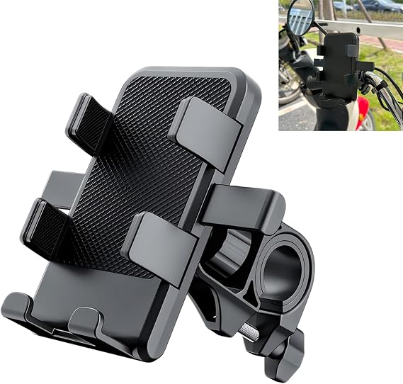 Motorcycle Phone Mount, Anti-Slip & Shock-Absorbing Bike Phone Holder, Adjustable Handlebar Cellphone Cradle for 5-7.2" Smartphones, for Motorcycle Bicycle Scooter/ATV (Black)