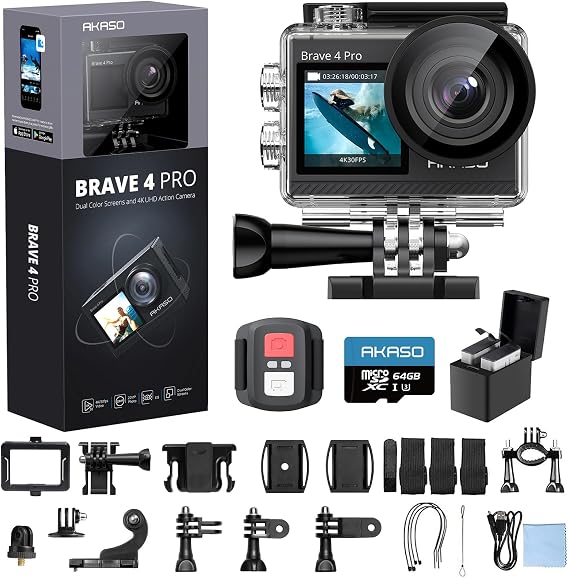 AKASO Brave 4 Pro Action Camera 4K with 64GB MicroSD U3 Card Bundle