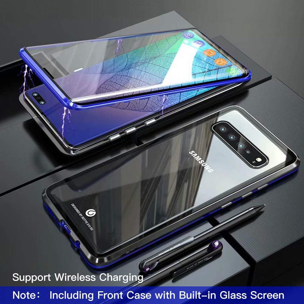Magnetic Case for Samsung Galaxy S10 Plus,Double-Sided Clear Tempered Glass Hard Back Cover [with Built-in Magnets Metal Bumper Frame],360° Full Protection Ultra Slim Case for S10 6.4[Blue&Black]