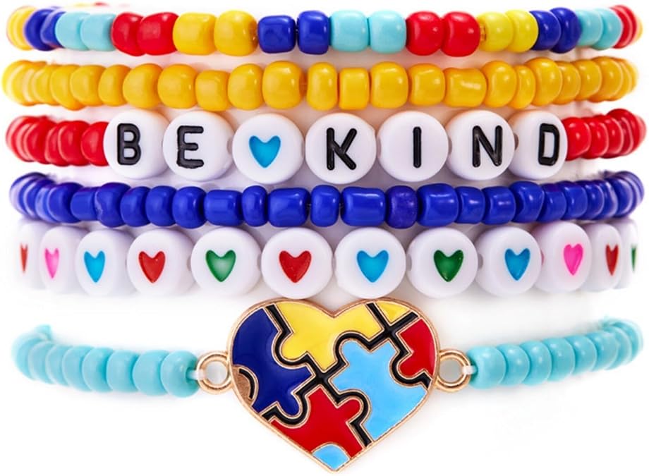 xuzhiyuan Autism Awareness Bracelets Set Puzzle Piece Charm Proud Love Heart Ribbon Colorful Beaded Stackable Bracelet Yoga Meditation Jewelry Gift