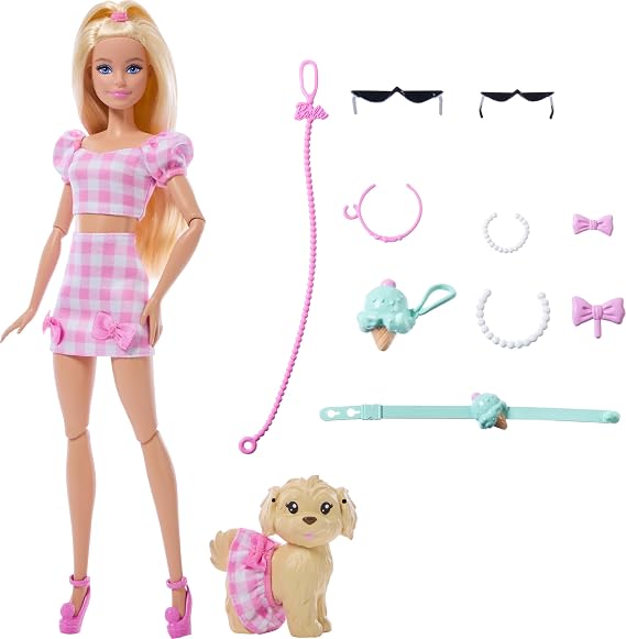 Barbie Twinning Looks Doll with Pet Dog in Matching Pink Gingham Clothes