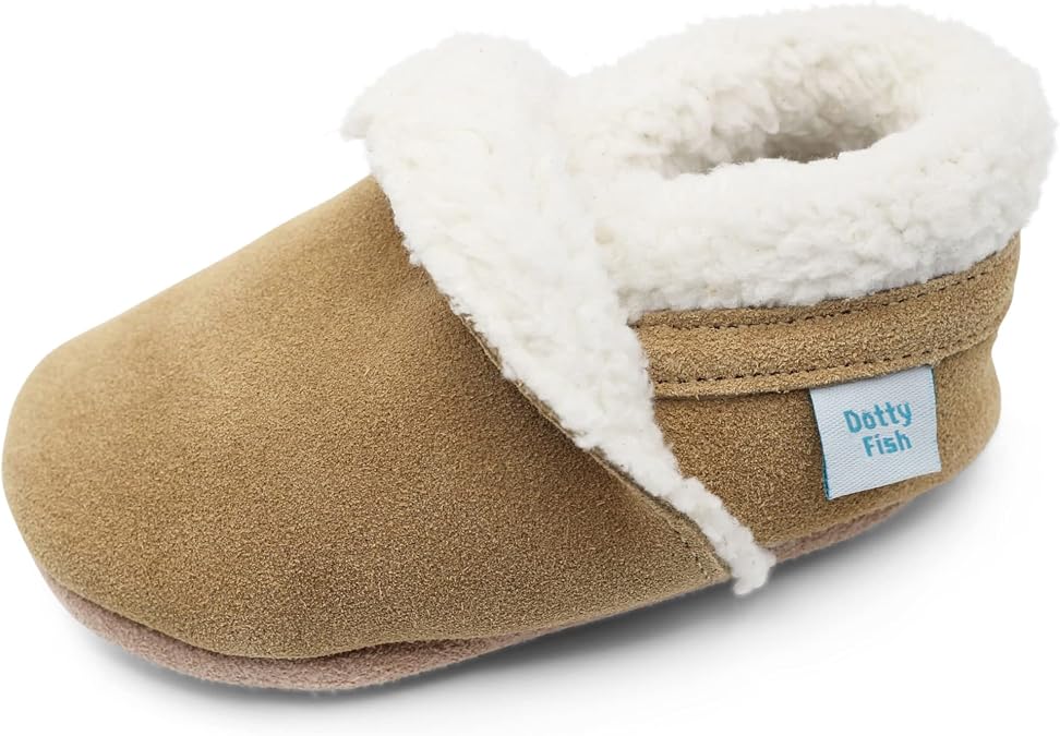 Dotty Fish Suede Baby & Kids Slippers - Barefoot, Fleece Lined, Non-Slip
