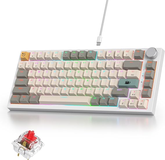 75% Mechanical Keyboard With Volume Knob, Gasket Hot Swappable RGB Gaming, Wired Custom With Red Switch, 82 Keys Compact Creamy (82 Beige Grey)