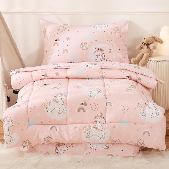 JSD Pink Unicorn Toddler Bedding Set, 4 Piece Bed-in-a-Bag | Soft Printed Microfiber Sheet Comforter Set for Girls, Oeko-Tex Certified, Washable