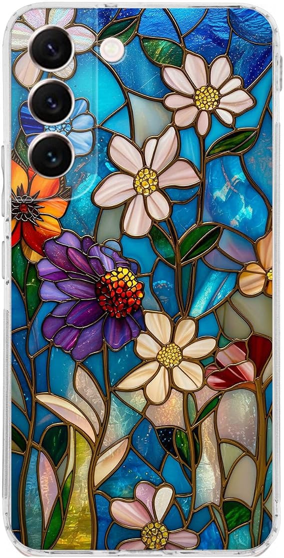 PrintiFy Samsung Galaxy S22 ile Uyumlu Vitray Mavi Bahar Tasarımlı Şeffaf Silikon Kılıf