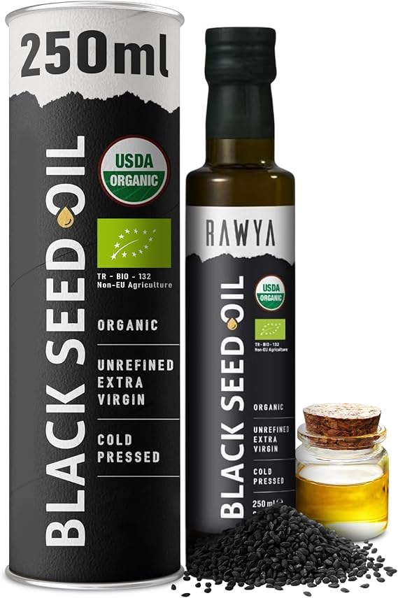 Rawya, Black Seed Oil, Organic, 250 ml, Cold Pressed, No Additives, No preservatives, in Glass Bottle, Nigella Sativa, Black Cumin Seed Oil, Kalonji, Bio, Strong Taste, Non-GMO
