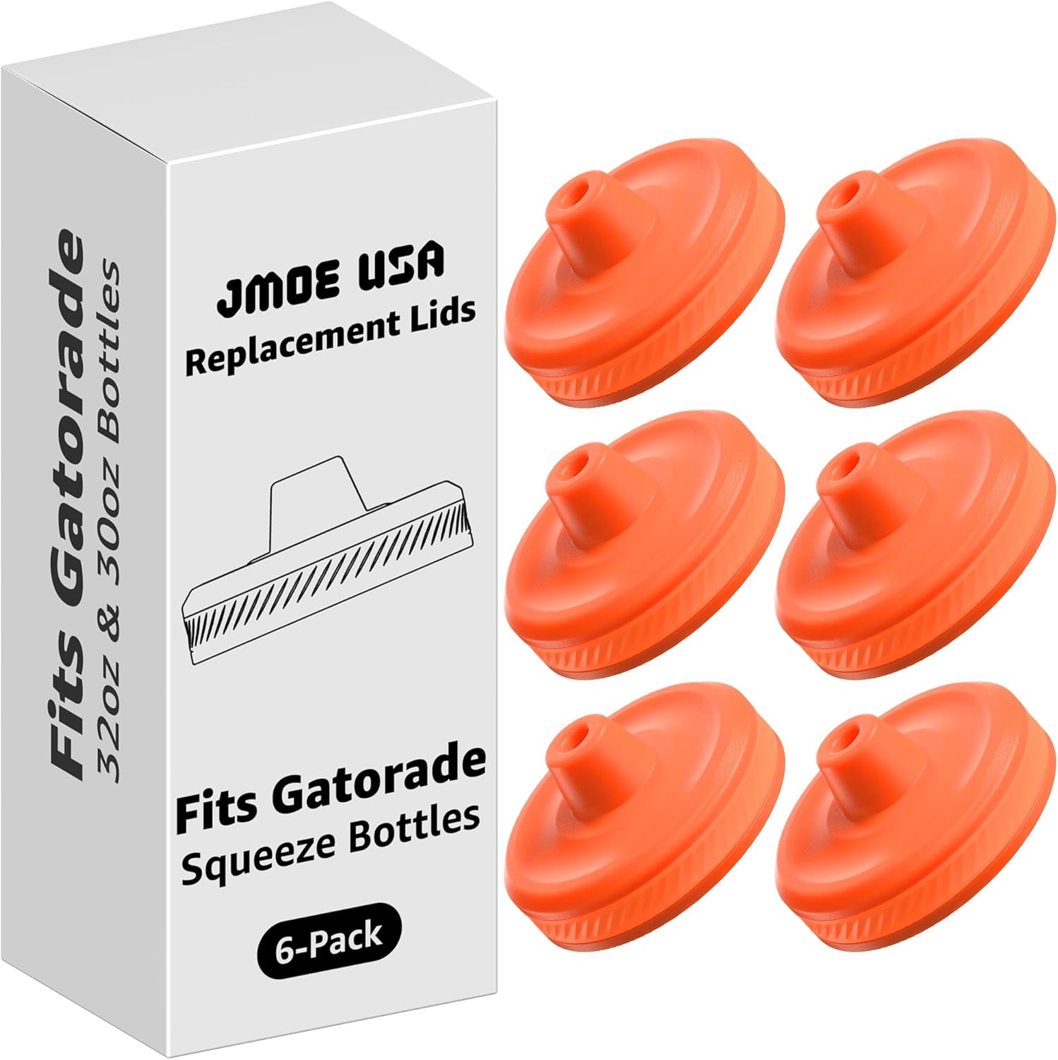 Jmoe USA Improved Lid For Gatorade Water Bottle | Fits Squeezable 32 oz and 30 oz Versions | Faster Flow Valve and Easy Twist Grip | Made With Food-Grade Materials 6-Pack