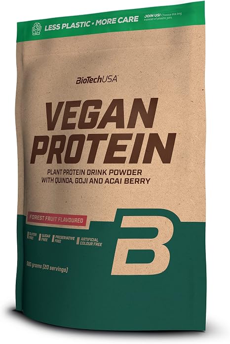 BioTechUSA Vegan Protein Vegetable Protein from Pea and Rice With amino acids and vitamin B12 with 5 different superfoods vegan lactose free gluten free 500 g forest fruits