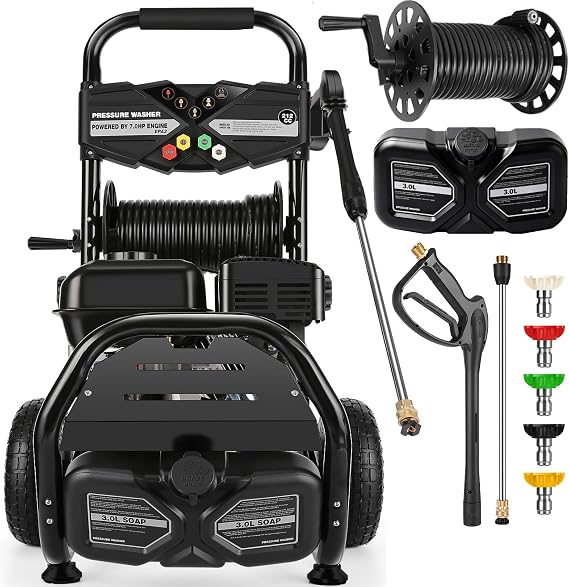 Professional 4200PSI 4GPM 212CC Gas Pressure Washer, 33FT Hose 3L Foam Bottle 10" Wheels 7HP Commercial Gas Power Washer with 5 Nozzles for Home Car Fence Driveway Yard (EPA/CARB/ETL Compliant) Black