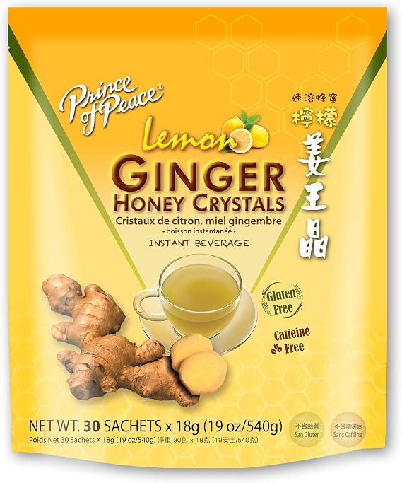 Prince of Peace Instant Lemon Ginger Honey Crystals, 30 Sachets Instant Hot or Cold Beverage Easy to Brew Ginger and Honey Crystals