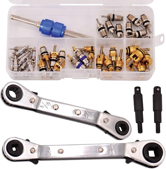 A/C Repair Starter Kit | HVAC Service Ratchet Wrenches (2) - Settings: 1/4" - 3/8" - 3/16" - 5/16" | Valve Core Assortment Set for R12 - R134a Refrigeration Leak Fix | Wrench Includes Hexagon Bits
