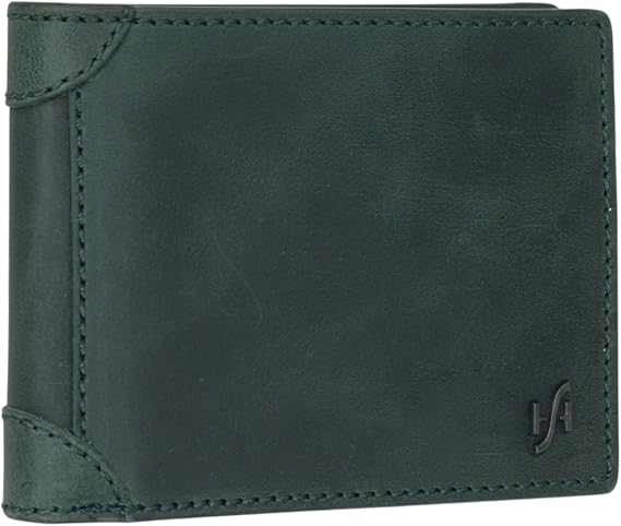 STARHIDE Men’s RFID Blocking Genuine Distressed Hunter Leather Bifold Wallet with 2 ID Card Windows – Soft Real Leather Card Holder Purse Model 1145 (Hunter Green)