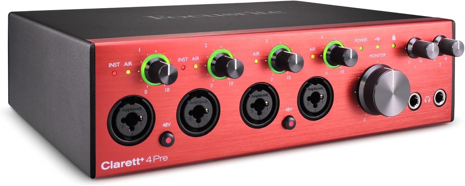 Focusrite Clarett+ 4Pre USB Studio-Grade Audio Interface for Music Makers — Four Low-Noise, Low-Distortion Mic Preamps providing True-To-Life Sound