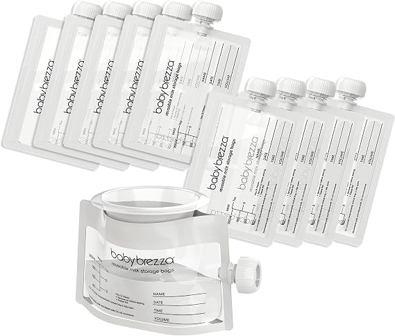 Baby Brezza Reusable Breastmilk Storage Bags, 10 Pack With Filling Funnel | Self Standing Bags with Funnel + Wide Opening for No Spill, Easy Filling - Leak Proof, Double Zipper Seal, Dishwasher Safe