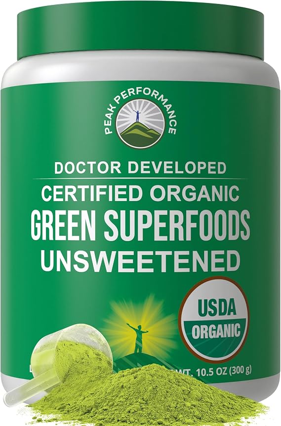 Peak Performance Unsweetened Organic Green Superfood Powder. Super Greens