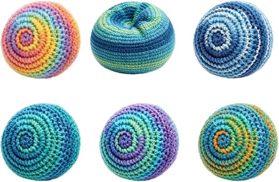Handmade Crocheted Hackys Footbag Sacks, Footbag Sacks for Kick Ball, Assorted Foot Bag Crochet Hackys for Adults, Juggling Balls for Beginners, Party Games & Coordination Training (D-6PC)