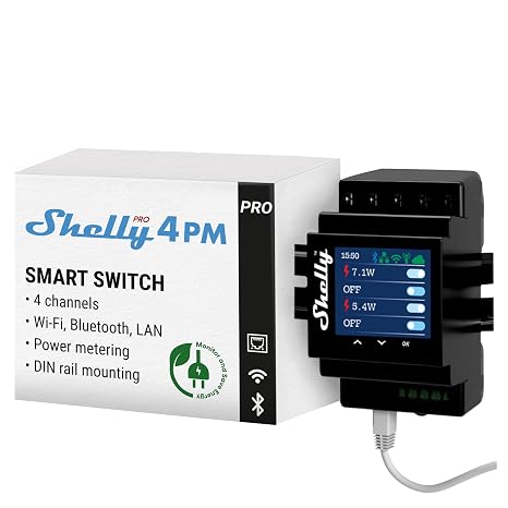 Shelly Pro 4PM - Wi-Fi 4-Channel Smart Relay With Power Metering, Max 40A, Home Automation, Compatible with Alexa & Google Home, iOS Android App, No Hub Required, Remote Control and Monitoring
