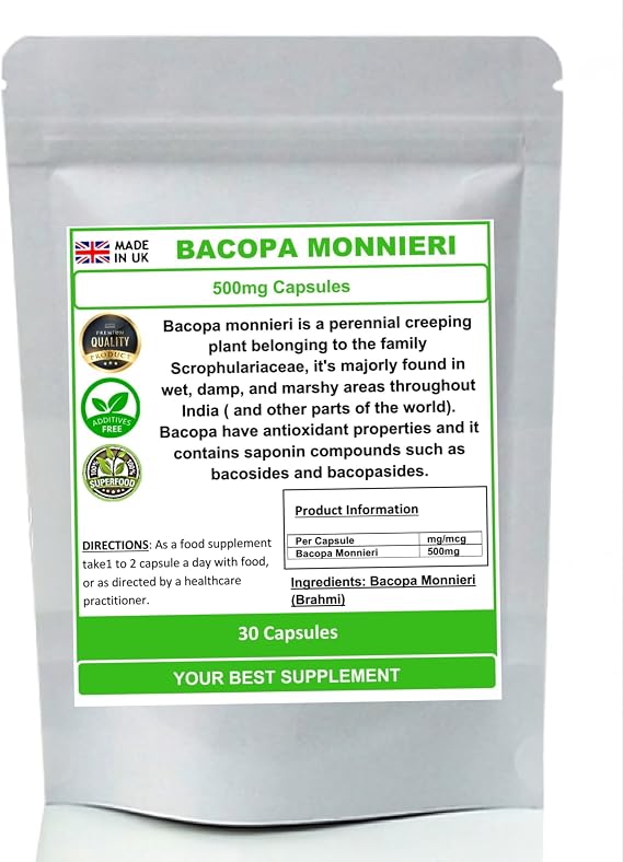 Bacopa Monnieri (Brahmi) 500mg Capsules- Natural (no additive) High Strength (30)