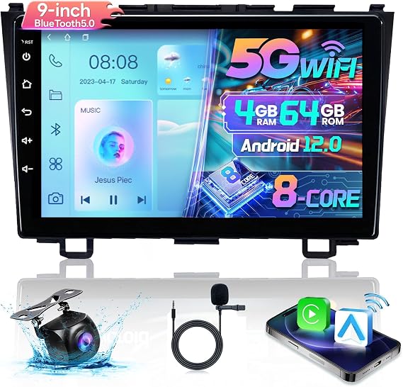 8Core Car Radio for Honda CRV 2007-2011 with Carplay Android Auto | 4+64G 9Inch CRV Screen Android 12 Stereo 5Ghz WiFi 48EQ DSP GPS Navi FM/AM/RDS SWC Mirror Link 1080P Backup Camera