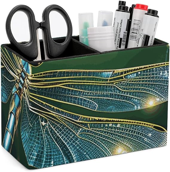 Pen Pencil Holder Cup PU Leather Desk Organizer Dragonfly Green Desktop Stationery Organizer for Table Desk Office