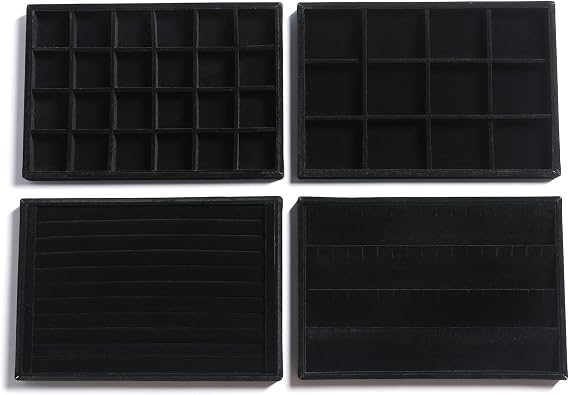 Frebeauty Large Size Velvet Drawer Insert Jewellery Trays, Set of 4 | For Drawers,Stackable, Jewellery Box Insert,Compartment Tray For Beads,Stud Earrings Bracelets Necklace Rings Storage