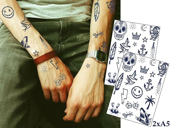 Hand-Ink Tattoo Collection 1 sheet + 1 FREE | Stick n Poke Large | Lasts 1 to 2 weeks | Fool Friends | Temporary Tattoo | A5 sheets