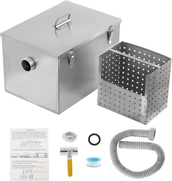 IRONWALLS 8LBS Commercial Grease Trap, Side Inlet Stainless Steel Wastewater Grease Interceptor Oil-Water Separator with Removable Mesh Filter for Restaurant Coffee Shop Home Kitchen