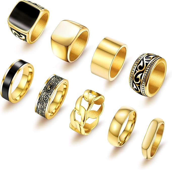 FEYIR 9 Pcs Men's Stainless Steel Vintage Signet Ring Square Pinky Thumb Chunky Thin Band Cuban Link Ring Biker Rings Set for Men
