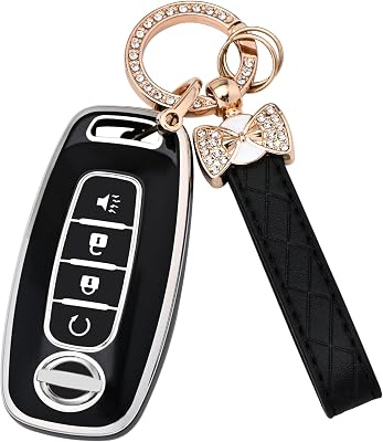 Key Fob Cover for Nissan - 4 Buttons Soft TPU Key Fob Case for 2023 2024 Pathfinder Rogue Versa kicks 2025 Sentra Patrol Armada Full Protection Car Key Cover with Bling Keychain Black