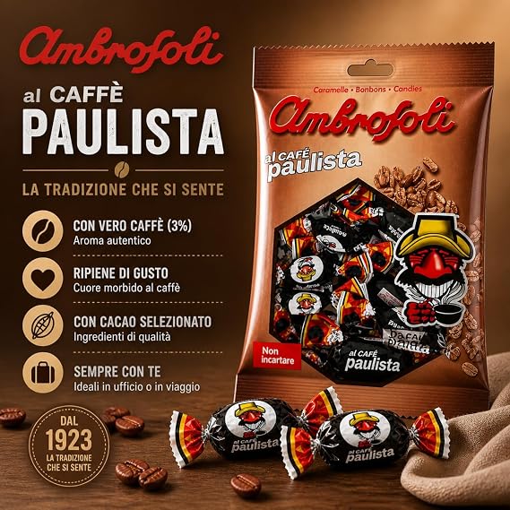 Ambrosoli Italian Coffee Candy, Made in Italy with Mono-origin Arabica Coffee Beans - Caffe Espresso Filled Candy - Italian Hard Candy Individually Wrapped - Cafe Paulista (5.29 oz | 150 g)