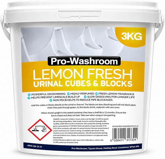 Pro-Washroom Lemon Urinal Blocks 3KG, Non PDCB Slow Dissolving Channel Cubes, 30 Day Odour Control for Commercial Washrooms