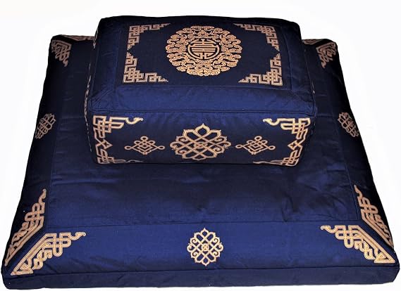 Meditation Cushion Set Rectangular Zafu Pillow Zabuton - Silkscreen Sacred Symbol (Longevity Purple)