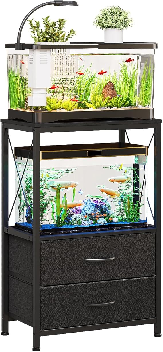Fish Tank Stand, 10 Gallon Aquarium Stand with Storage Drawers, 2-Tier Reptile Tank Rack with Shelf for Living Room, Home Office, Black