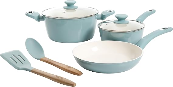 Gibson Home Plaza Cafe Forged Aluminum Healthy PFA-Free Ceramic Pots and Pans Cookware Set, 7-Piece Set, Sky Blue