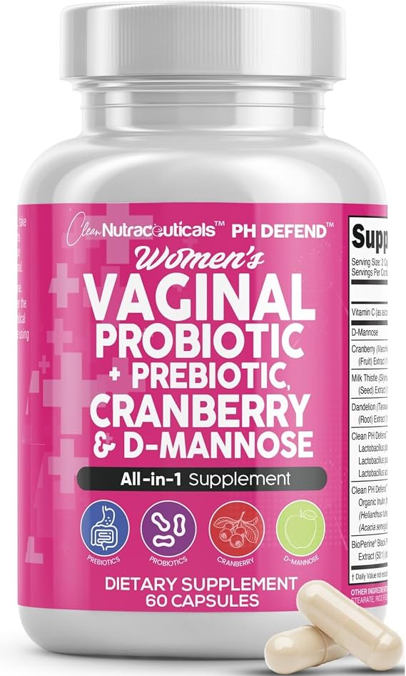 Clean Nutraceuticals Vaginal Probiotics for Women with Cranberry, D-Mannose, Prebiotics, pH Balance Support, Feminine Health, Urinary Tract Cleanse Capsule Alternative to Gummies 60 Count
