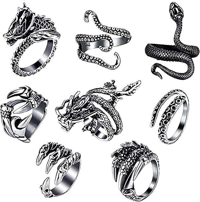 Adjustable Vintage Punk Ring Set Stackable Animal Rings Present for Men Women
