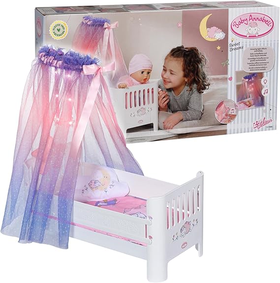 Baby Annabell Sweet Dreams Bed, Doll Bed with Light-Up Canopy, Mattress, Matching Pillow and Blanket for 43cm Dolls, Plays a Lullaby, For Children Aged 3+, 710302 Zapf Creation