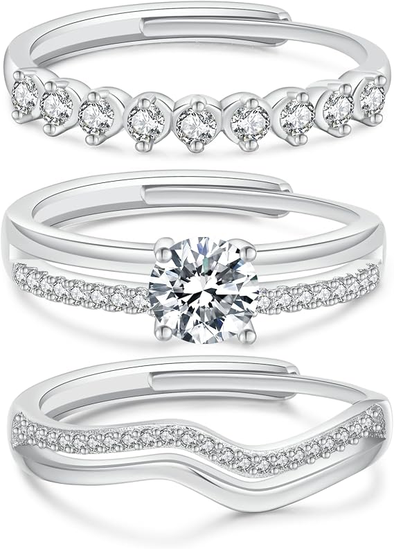 Senteria 3Pcs Sterling Silver Adjustable Rings for Women - Shiny Cubic Zirconia Thumb Stacking Statement Ring Set