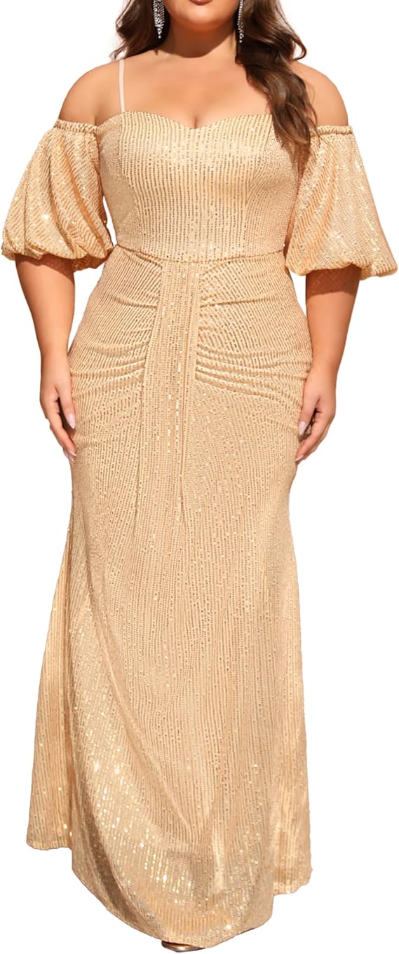 Women's Plus Size Off The Shoulder Puff Sleeve Sequin Formal Gowns Dress