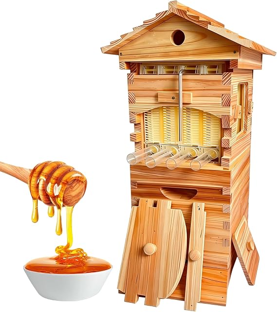 Automatic Flow Hive Beehive Kit - Complete Beekeeping Supplies Starter Kit with Stand, Bee Boxes, Frames & Auto Honey Harvest System，Includes 6 bee Frames and 4 Honeycomb Trays