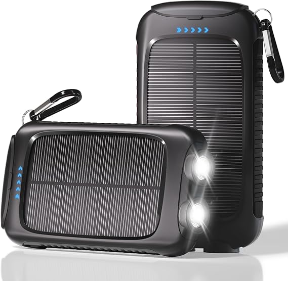 Solar Power Bank 20000mAh, Black Portable Charger with USB-C&USB-A Outputs, Emergency Backup Battery Pack, LED Flashlight, for iPhone Samsung Android Solar for Emergency Only, Perfect for Camping