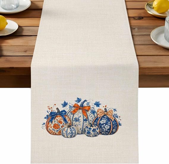 Fall Pumpkins Table Runner for Dining Table Rustic Chinoiserie Leaf Floral Blue Beige Table Runners for Wedding Party Buffet Kitchen Home Decor 13x36in