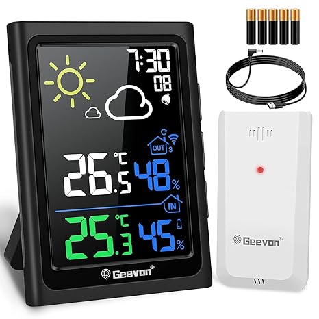Geevon Wireless Weather Station with Outdoor Sensor Weather Forecast with Batteries Digital Thermometer Hygrometer VA Screen Without DCF Suitable for Bedroom Living Room Office