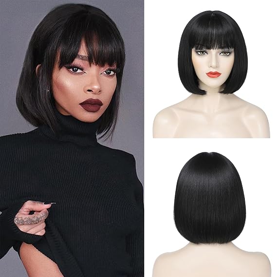 Black Bob Wig with Bangs Short Black Wigs for Women 12 Inch Straight Synthetic Fiber Hair Wig Natural Looking for Daily Use
