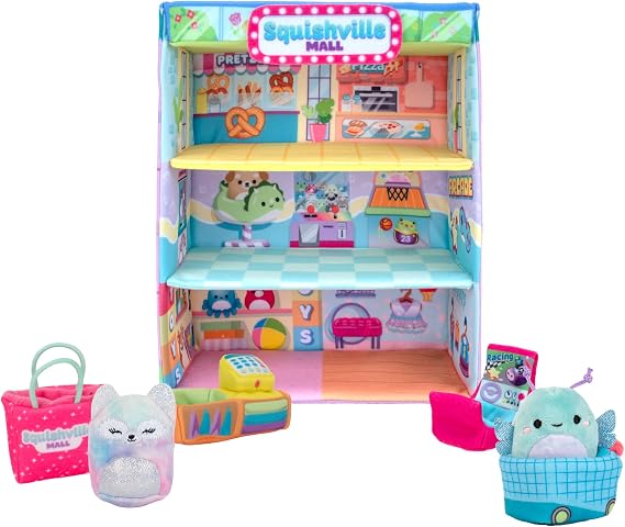 Squishville by Squishmallows SQM0158 Mall-Two 2 Mini-Squishmallow Plush Characters, Themed Play Scene, Plus 4 Accessories Bag, Shopping Cart, Cash Register, Arcade Machine, Multi