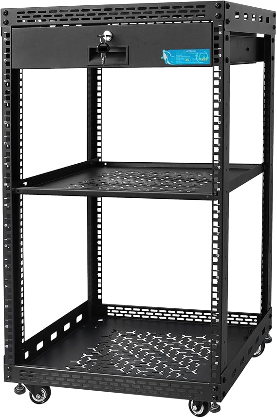 16U Server Rack Cabinet with Drawer & Full Size Rack Shelf - Integrated Top/Bottom Panels, 4 Rolling Wheels for 19" Equipment & Home Lab Studio