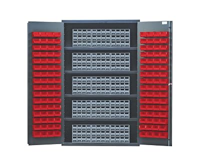 Quantum QSC-BG-QIC122RD Modular Shelving Cabinet with 15 QIC-122 Interlock Drawers and 128 QUS210 Red Bins for Industrial Distribution | 400 lbs Capacity | 48W x 24D x 78H, Beige, Carbon Steel