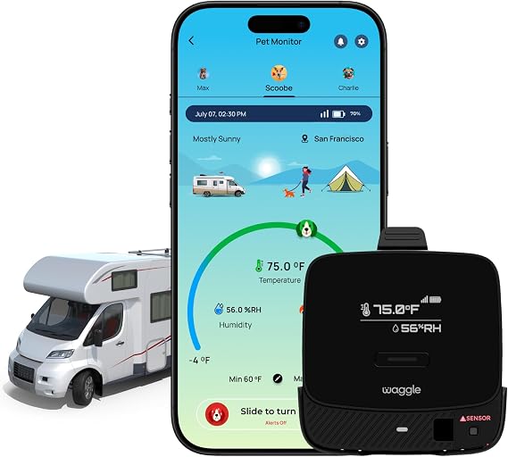 Waggle RV Pet Temperature Monitor - 4G Cellular, No WiFi Required - Real-Time App, SMS & Email Power Outage Alerts - Unlimited Notifications - Home, Car, RV & Vacation Safety - Subscription Required